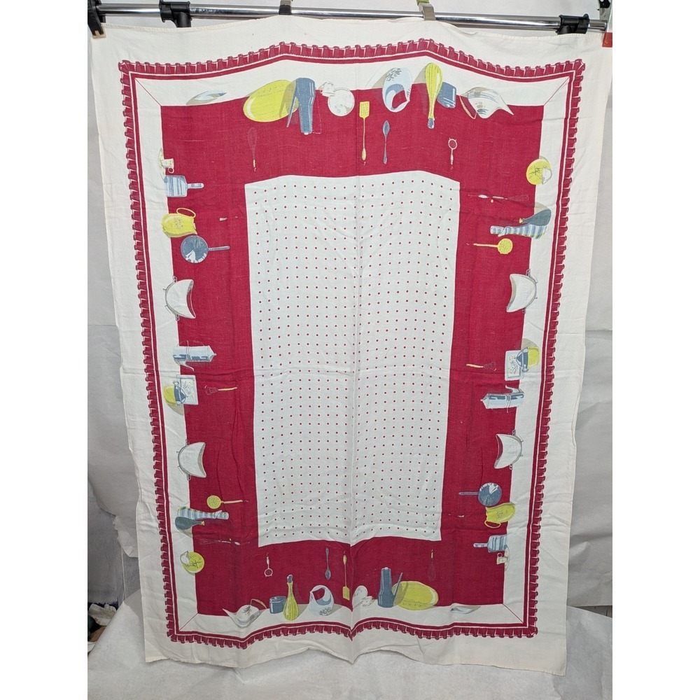 VTG Kitchen Linen Tablecloth Appliances Wilendur Manjares 63x46 1940s-50s